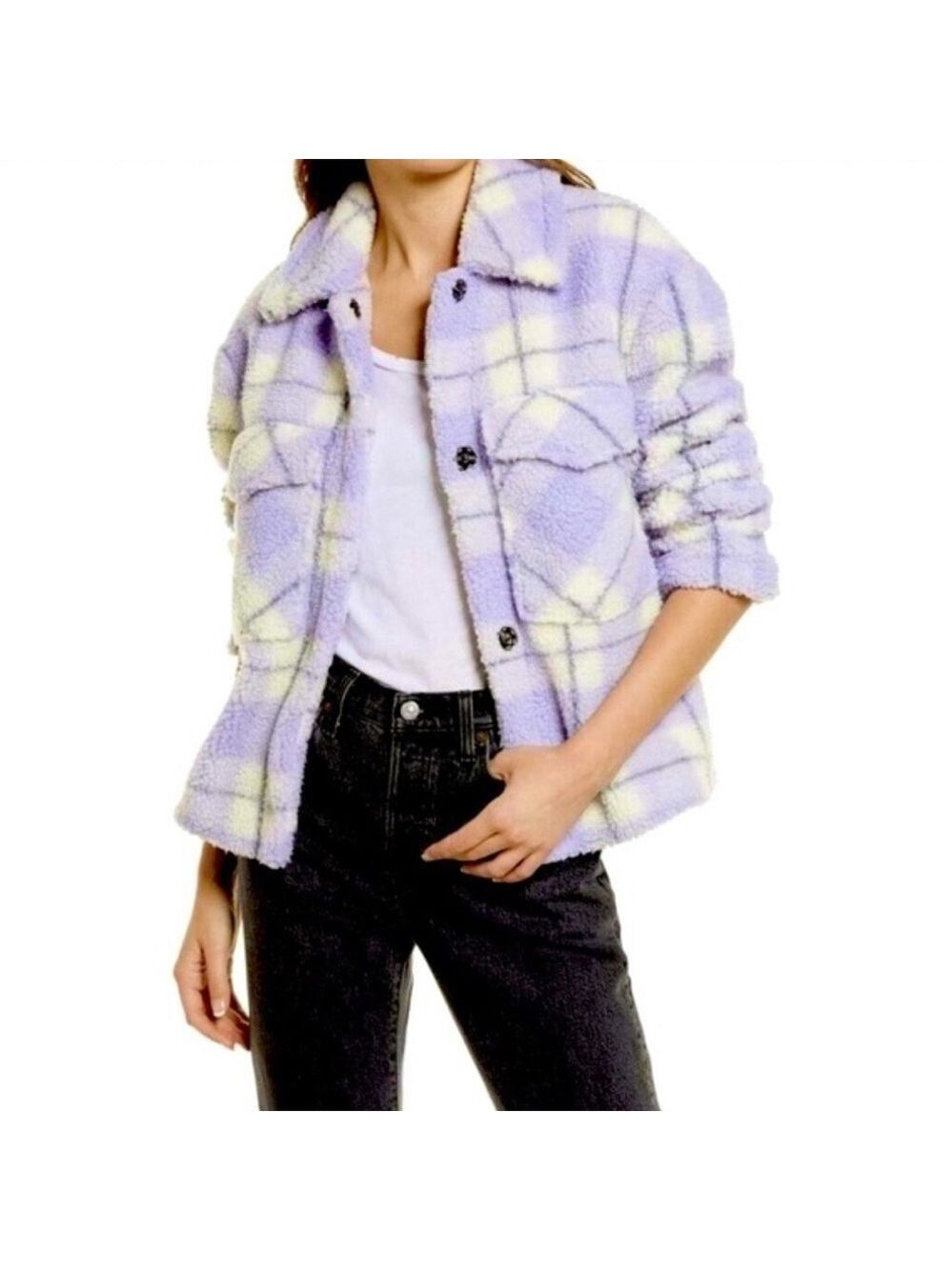 7 FOR ALL MANKIND lilac white plaid sherpa sherpa jacket Small